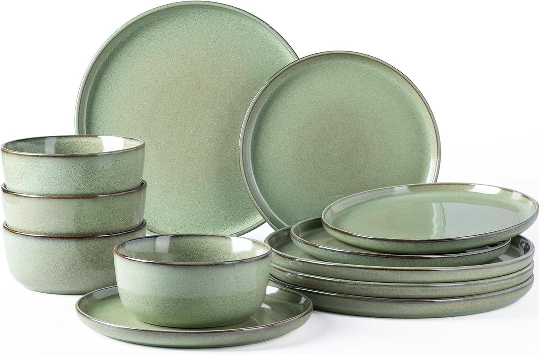 GBHOME Ceramic Dinnerware Sets for 4, 12 Pieces Stoneware Plates and Bowls Sets, Scratch Resistant Dishes, Dishwasher & Microwave Safe-Pastel Green