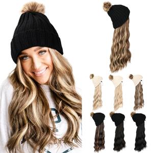 HOOJIH Knitted Beanie Wig, Hat Hair Extension Long Wavy Curly Black Hat Wig with Faux Fur Pom Hat Attached 18 Inch Synthetic Hairpiece for Women Girls Winter - Light Brown with Medium Golden Blonde (One Size)