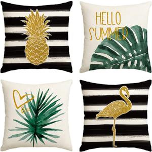 AVOIN colorlife Watercolor Stripes Tropical Plants Throw Pillow Cover, 18 x 18 Inch Pineapple Flamingo Monstera Cushion Case for Sofa Couch Set of 4