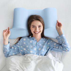 AM AEROMAX Back Sleep Training Pillow Standard Size – Ergonomic Memory Foam for Back Sleepers, Improves Posture, Reduces Neck & Shoulder Pain, Breathable Washable Blue Cover