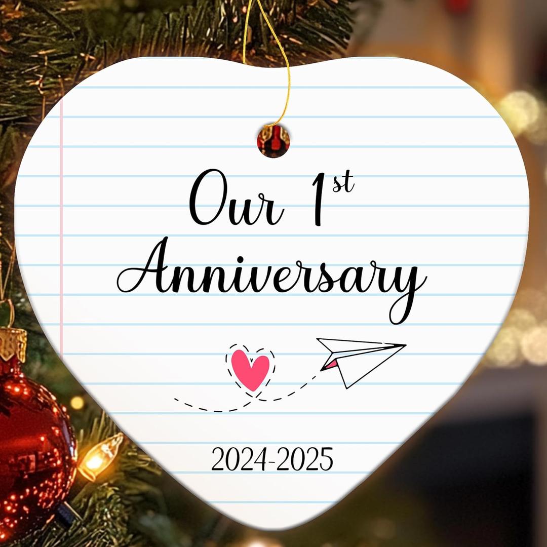 2 x Happy 1st Anniversary Christmas Ornament Gifts for Couple, Wife, Husband, 1 Year Wedding Anniversary 2025 Ornaments for Christmas Tree, Ceramic