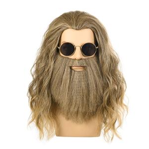 Long Curly Blonde Wig with Mustache Golden Brown Wig Cosplay Costume Halloween