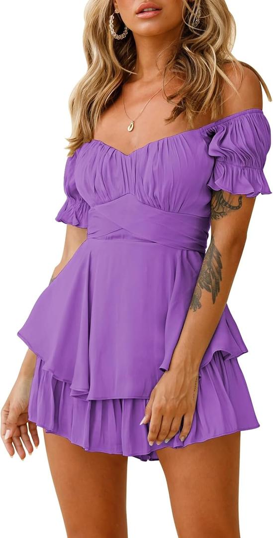 Fixmatti Women Boho Romper Off Shoulder Ruffle Chiffon Shorts Jumpsuit Playsuits, Small