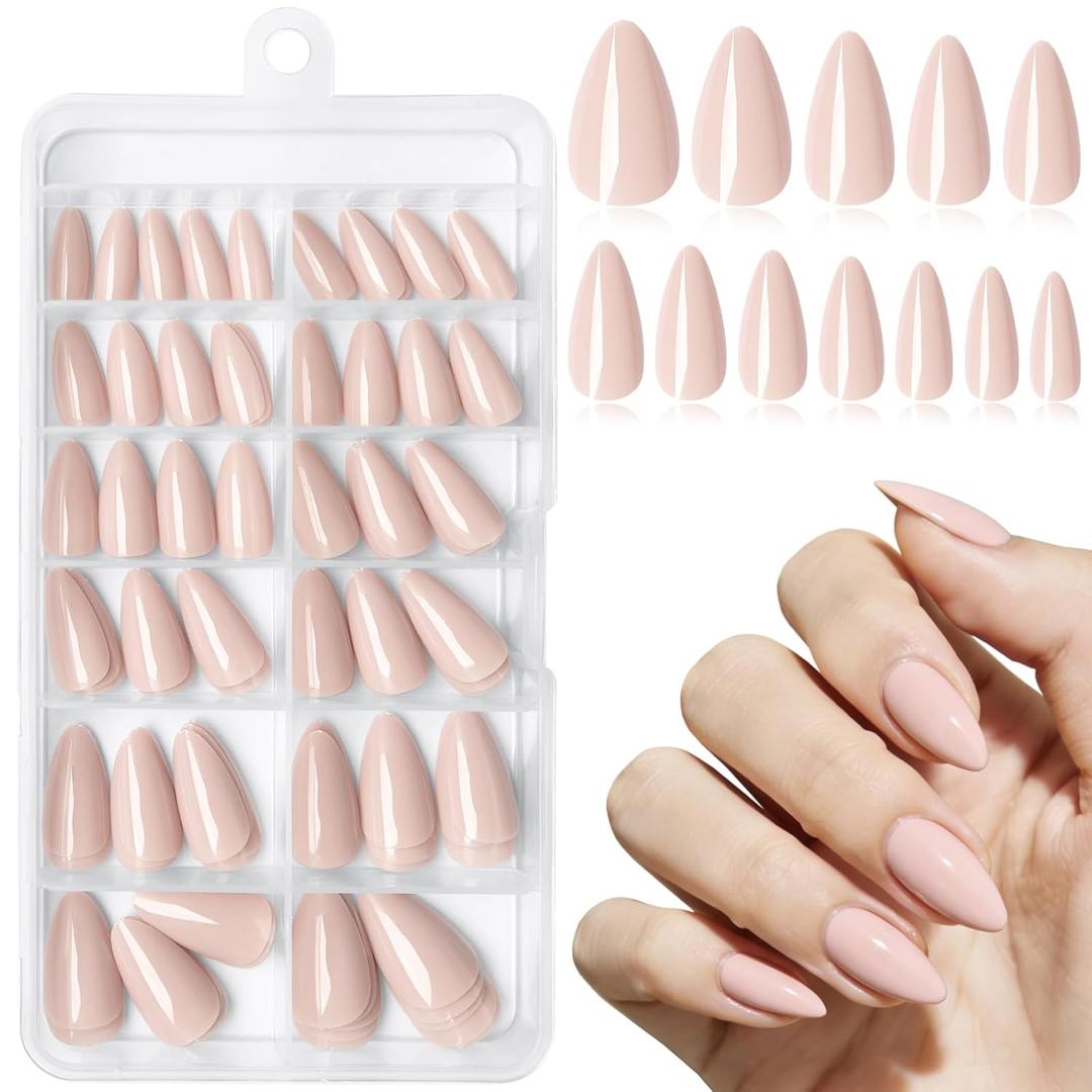 Nude Press on Nails Almond with Nail Tabs,120pcs Medium Almond Press on Nails,12 Sizes Glossy Nude Medium Fake Nails,Full Cover Acrylic Nails Press ons for Women
