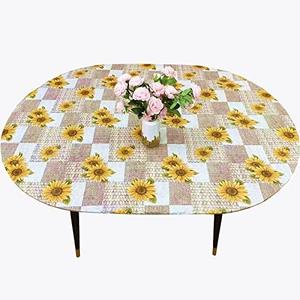 Pioggia Oval Vinyl Fitted Tablecloth with Flannel Backing Elastic Table Cloth Waterproof Oil-Proof Plastic Table Cover (Sunflower, Best for Up to 42" x 60")