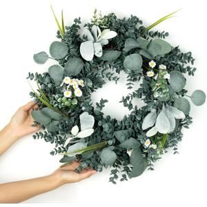 Wreath for Front Door, 18 Inch Spring Summer Eucalyptus Wreaths, Handmade Greenery Wreath All Season for Outside Window Wall Festival Farmhouse Indoor Outdoor Party Holiday Wedding Home Decor