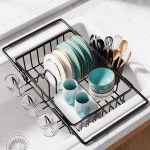 Dish Drying Rack in Sink - Expandable Stainless Steel Dish Rack Over the Sink, Kitchen Sink Drain Strainer with Cutlery Holder & Cup Holders, 15.4 x 9.8 x 3.0 Inch, Black