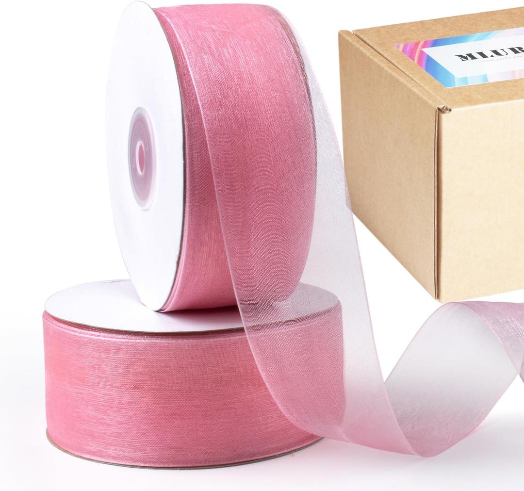 Pink Sheer Organza Ribbon 1-1/2 Inch x 100 Yards Clear Rose Pink Chiffon Tulle Ribbon for Gift Wrapping Christmas Tree Wedding Invitations Flower Bouquet Hair Bows Crafts