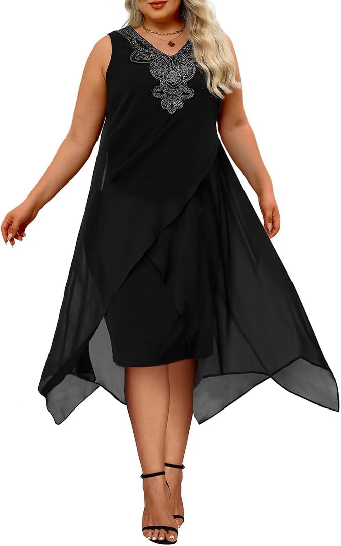 Womens Plus Size Chiffon Dress Loose Sleeveless Flowy Cocktail Party Midi Dresses Black X-Large Plus