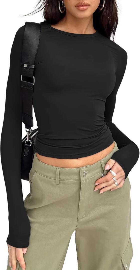 Trendy Queen Womens Long Sleeve Shirts Basic Tees Crop Tops Going Out Spring 2025 Workout Outfits Y2k Clothes (Medium, Black)