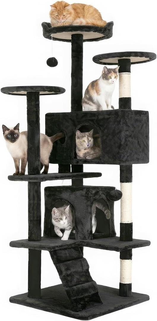FDW | 54" Cat Tree Tower | Dark Gray | Multi-Level Indoor Activity Center with Sisal Scratching Posts, Condos, Plush Perches, Hanging Cat Toys | Sturdy, Easy to Assemble | for Kittens & Adult Cats