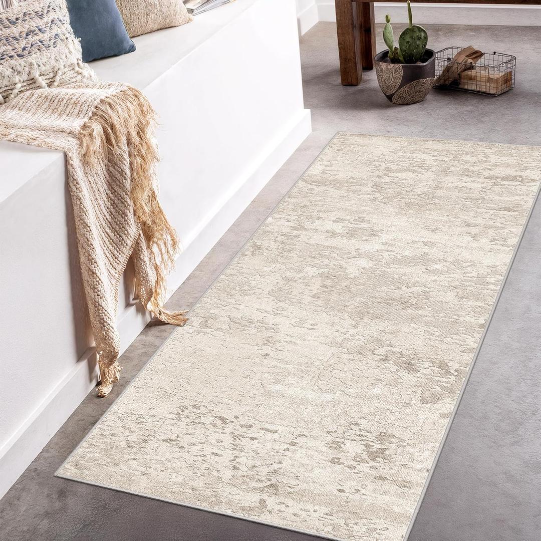 Art&Tuft Washable Rug 3x5 - Low-Pile 3x5 Area Rugs Runners, Soft Abstract Carpet Runner Rugs for Living Room Bedroom Bathroom Kitchen Laundry, Beige