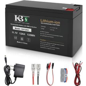 KBT 12V 12Ah Rechargeable Lithium-ion Replacement Battery with 12V Charger, Charging Cable, for Small UPS, LED Light Strip, Power Wheels, Ride On Car, Fish Finder, CCTV Camera, Built-in 10A BMS
