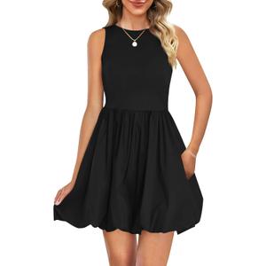 Naggoo Womens Summer Dresses 2026 Sleeveless Mini Short Tank Dress Beach Vacation Crewneck Bubble Sundress with Pockets (XX-Large, Black)
