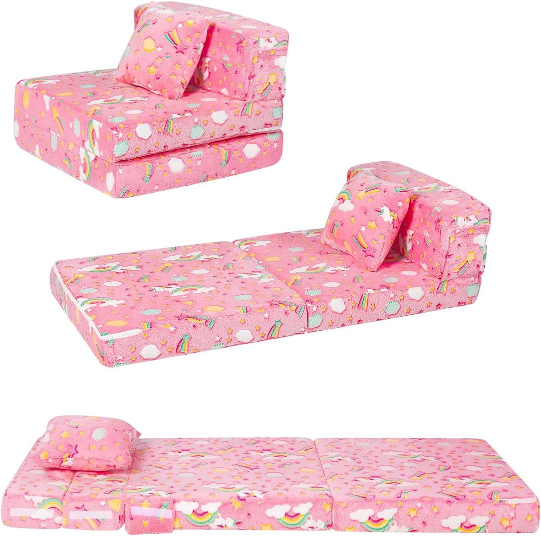 MeMoreCool Glow Trifold Sofa Bed for Kids, Folding Futon Mattress and Chair, Foldable Floor Couch for Playroom and Trifold Mattress for Sitting