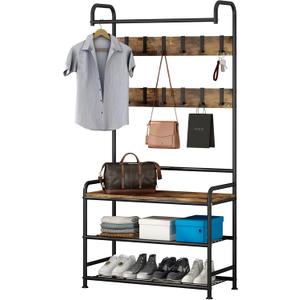 LINZINAR Coat Rack Shoe Bench 3-in-1 Hall Tree with Bench and Shoe Storage for Entryway Heavy Duty MDF Stand Coat Rack Industrial Accent Furniture with Metal Frame, Black (Rustic Black)