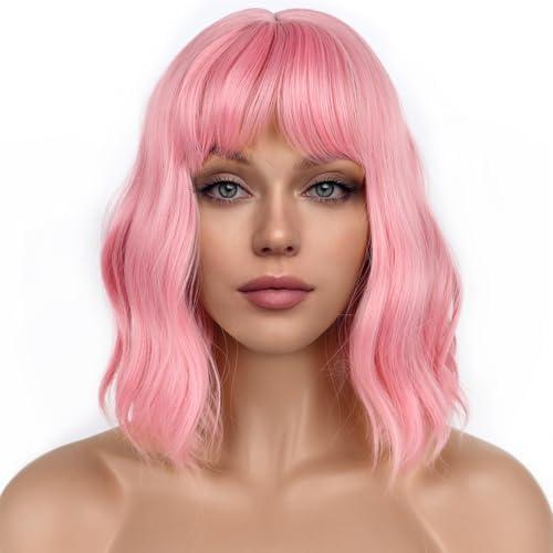 LANCAINI Pastel Bob Wigs with Bangs for Women Loose Wavy Wig Pastel Wavy Shoulder Length Bob Synthetic Cosplay Wig for Girl Colorful Costume Wigs (Pink)