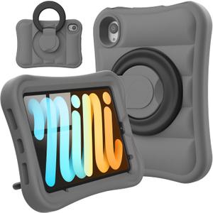 Kids Case for iPad mini 7 (A17 Pro) 2024 / Mini 6th Gen 2021 8.3 inch Lightweight Flexible Shockproof Rotating Stand Handle Rugged Cover for iPad mini 7th 6 Generation Girls Boys, Grey Black