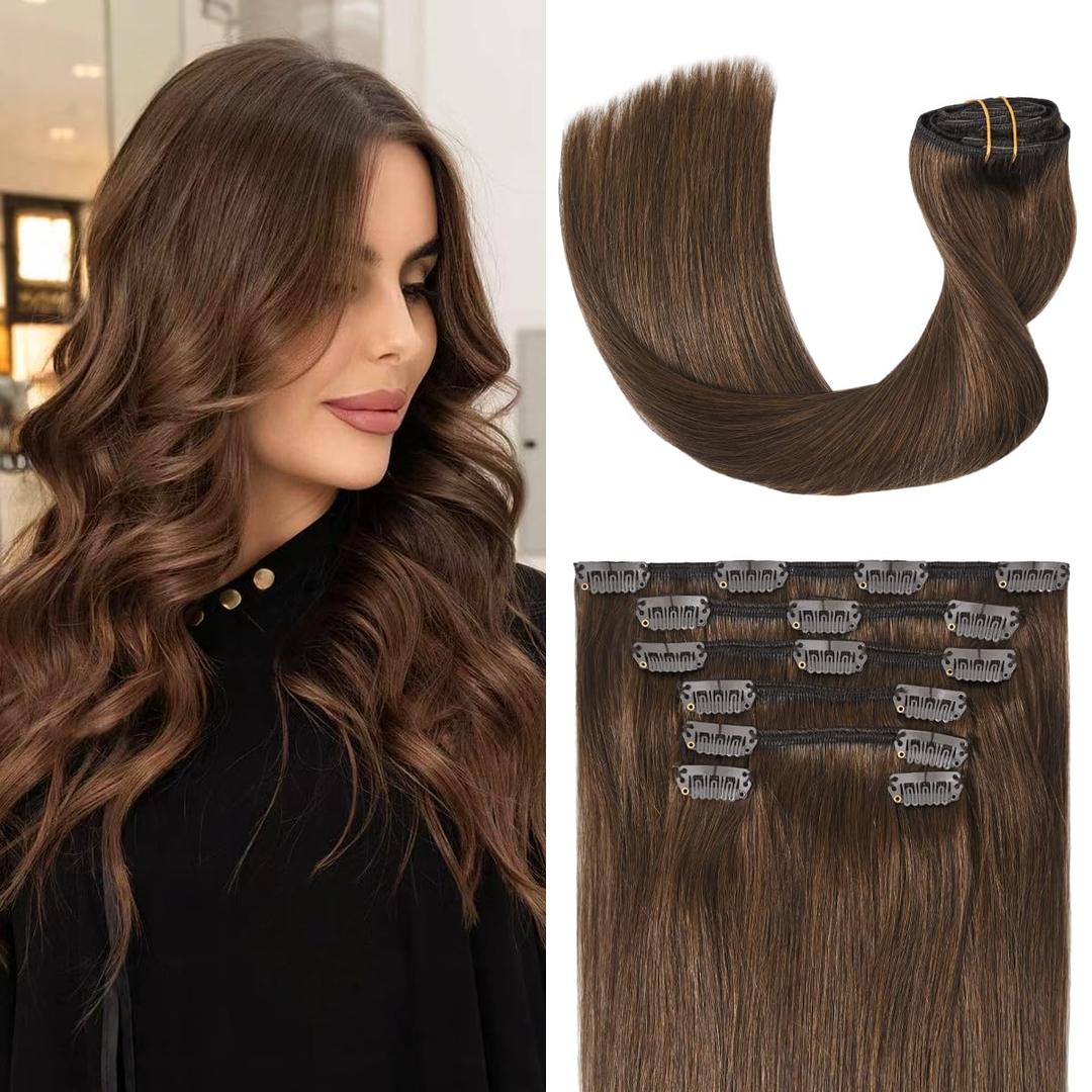 Medium Brown Hair Extensions Real Human Hair Clip ins for Women, 70g 7pcs 22inch,Soft & Natural Straight Double Weft for Women #4 Chocolate Brown Human Hair Extensions (22 Inch-70g, #4 Medium Brown)