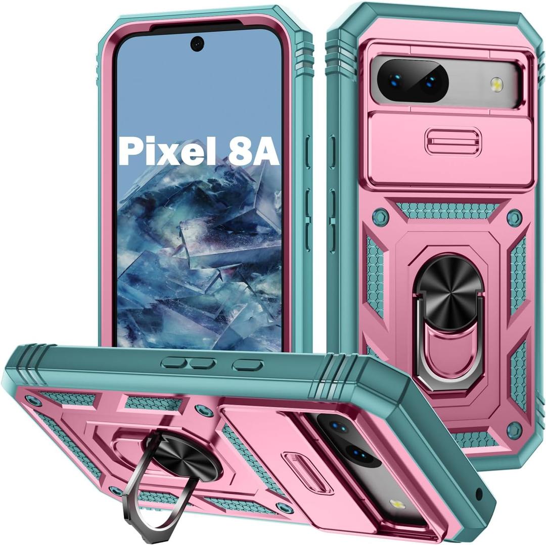 PASNEW Phone Case for Pixel 8A,360 Rotating Ring Kickstand Case & Slide Camera Cover,Military Heavy Duty Full Body Hard Shell Shockproof Phone Cases for Google Pixel 8A,6.1 inch,Pink Green