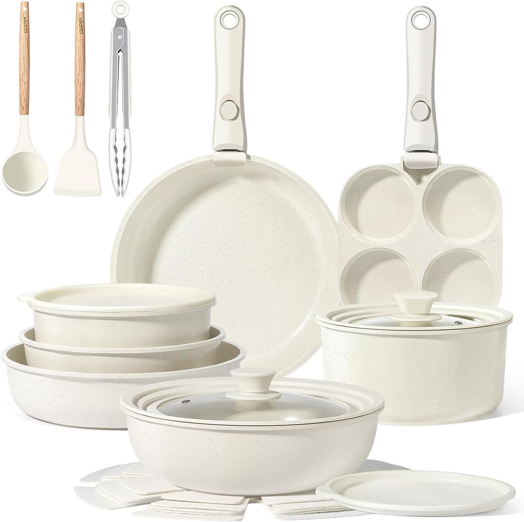 GiPP Ceramic Pots and Pans Set Non Stick, Nonstick Detachable Handle Cookware Sets, Healthy Non Toxic PFAS PFOA & PTFE Free, Dishwasher Oven Safe, Induction Kitchen Pot and Pan, 21 Piece Cream, 21PCS-Standard