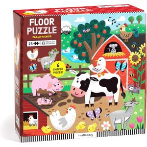 Mudpuppy Farm Friends – 25 Piece Floor Puzzle with 6 Barnyard Animal Shaped Pieces Featuring an Adorable Illustration of A Farm