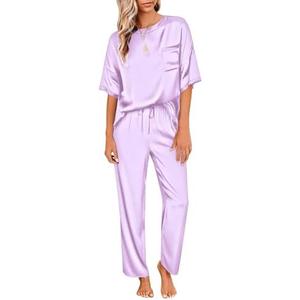 Ekouaer Womens Satin Silky Pajama Set Short Sleeve Shirt with Long Pajama Pant Set Soft PJ Loungewear Size Large