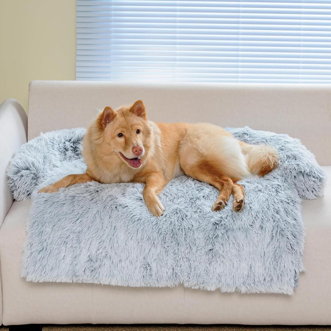 KHONSU PET Large Calming Dog Bed for Couch – Sofa Protector Mat with Bolster, Removable Washable Non-Slip Cover, Fits XL Dogs up to 70 lbs, Grey 45"x37"