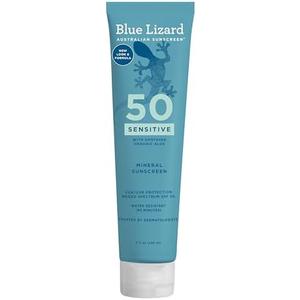 BLUE LIZARD Sensitive Mineral Sunscreen with Zinc Oxide 50+ Water Resistant UVAUVB Protection with Smart Cap Technology Fragrance Free, Sensitve, SPF 50 - - Tube, Unscented, 5 Fl Oz, EXP 2027/04 