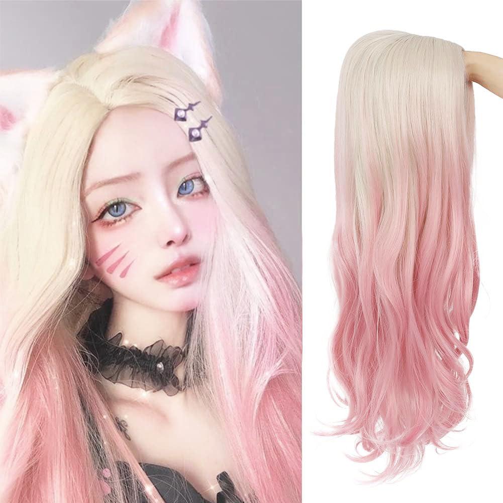 Blonde to Pink Long Wavy Ombre Wig for Women Curly Heat Resistant Synthetic Halloween Cosplay Hair Wigs