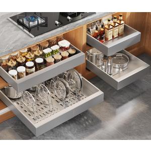 Seinloes 4Pack Expandable Pull Out Cabinet Organizer 21" Deep with Raising Pad for Framed Cabinets,Slide Out Drawers with 4pcs Divider Racks,Roll Out Shelves,Adjustable Width 12.05"-20.4" Silver
