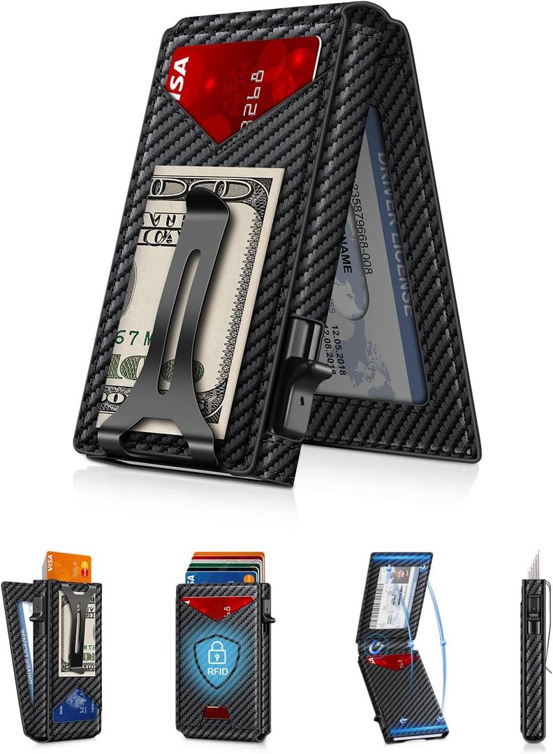 GHUKY Wallet for Men RFID Wallet with Money Clip, Slim Pop Up Card Holder for 10-12 Cards, Minimalist Smart Credit Card Case with ID Window, Bifold Metal Wallet for Front Pocket, Gifts for Men (Carbon)