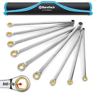DURATECH Extra Long Anti-Slip Ratcheting Wrench Set, Double Box End Wrench Set, 9-Piece, Metric, 10, 12, 13, 14, 15, 16, 17, 18, 19mm, CR-V Steel, with Rolling Pouch