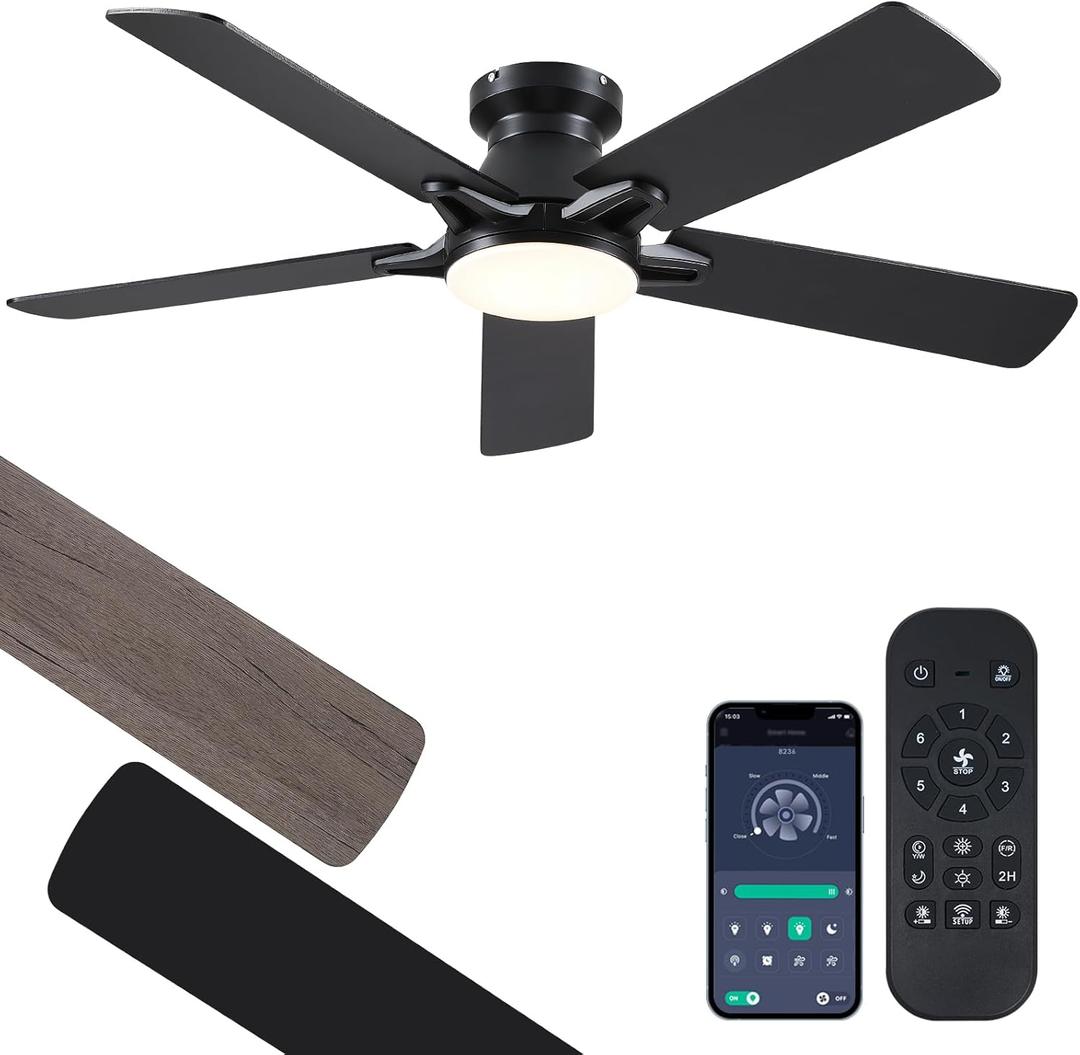 52 Inch Black Flush Mount Ceiling Fan with Dimmable LED Light, Remote/APP Control, Reversible DC Motor, Low Profile for Modern Indoor and Outdoor Patios (52IN)