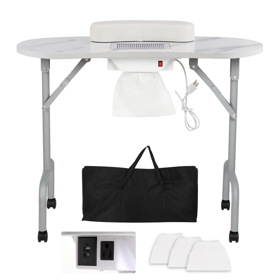 AGESISI Portable Manicure Table Foldable Nail Desk with Charging Station & Dust Collector Professional Nail Tech Table for Technician Spa Salon Workstation, Wrist Pad 4 Lockable Wheels, White Marbled