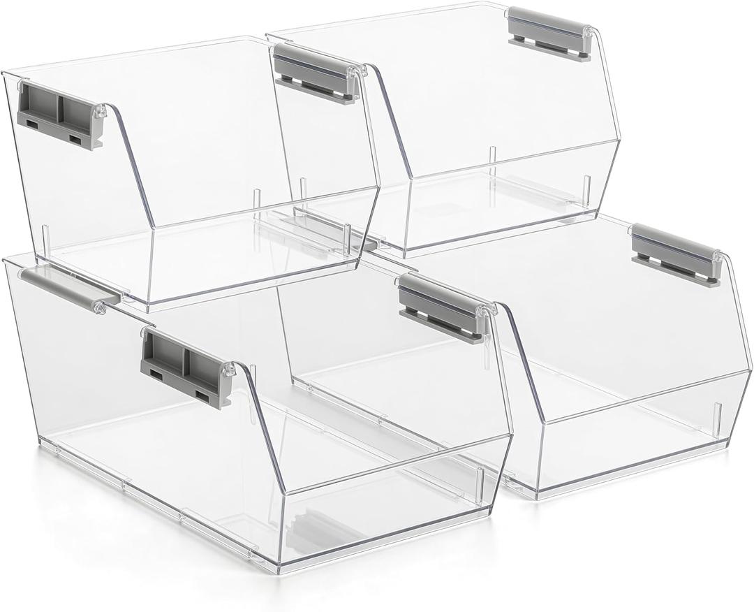 HOMESTEAD Set of 3 Stackable Storage Bins, 2 Large + 1 Small Clear Plastic Organizer Bins, Open Front Design for Kitchen Pantry, Fridge, Cabinet, Bathroom Organization and Snack Storage