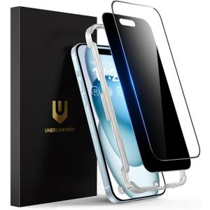 2 x UNBREAKcable 2PCS Screen Protector for iPhone 15-1 Privacy Tempered Glass+1 Clear Glass Double Shatterproof [Easy Installation Frame] [9H Hardness] [Case Friendly] Anti-Scratch for iPhone 6.1 inch
