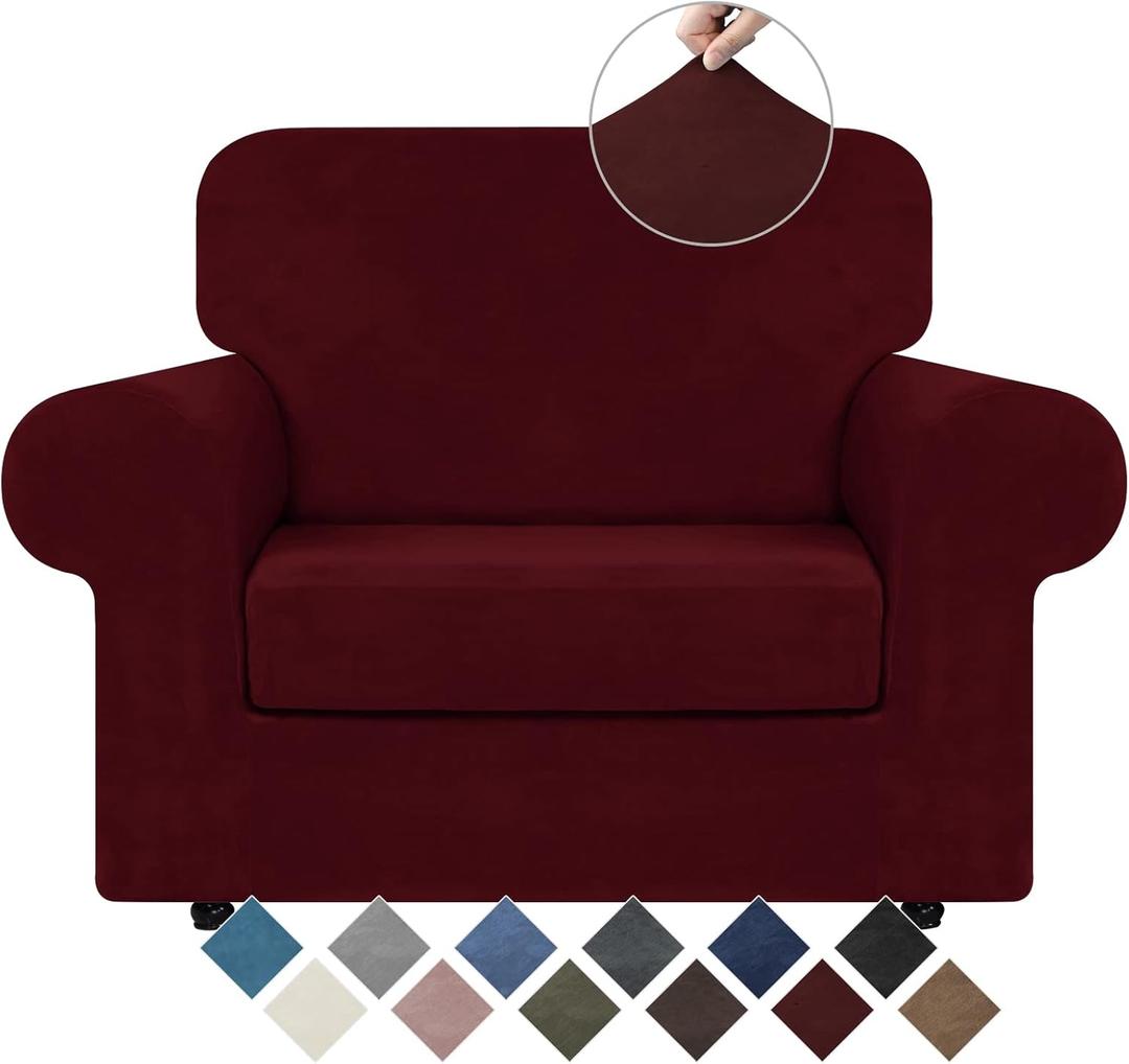 WEERRW Velvet Stretch Chair Sofa Slipcover - 2 Pieces Luxury Soft Velvet Plush Couch Cover Furniture Protector with Elastic Bottom for Pets, Machine Washable, Burgundy, Small