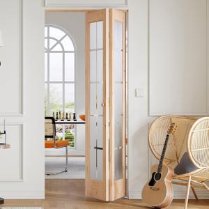 Preassembled Bi-Fold Doors, for 36 x 80 inch Opening,Tempered Frosted Glass Cross Transparent Folding Barn Door with Concealed Hardware Kit,Wood French Doors,Easy Installation (35-1/2" x 78-3/4"(fit opening 36''x80-3/4''))