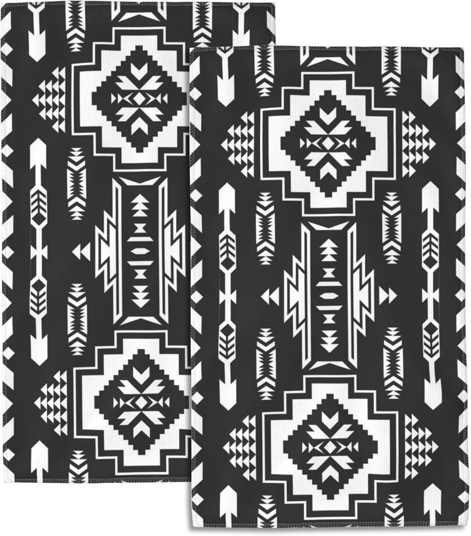 Geometric Bath Hand Towels Set of 2, Mexican Ethnic Aztec Geometric Decorative Bath Towels Soft Super Absorbent Hand Towels for Bathroom Hotel Gym Home Decor,14"X28"