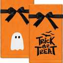 2 Pack Halloween Hand Towels Embroidered Orange Ghost Trick or Treat Cotton Dish Towel with Ribbon for Bathroom Hand Drying Kitchen Cleaning Towel Gift Set, 29.5 x 13.7 Inch