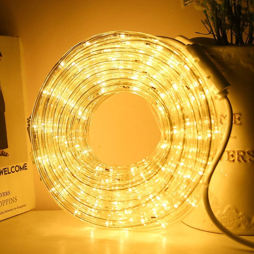 33ft LED Rope Lights, 110V 2 Wire Connectable Christmas Rope Lights Outdoor,240 LED Waterproof Indoor Outdoor Warm Rope Lights for Outside, Deck, Patio, Pool, Camping, Landscape Lighting (Warm White)