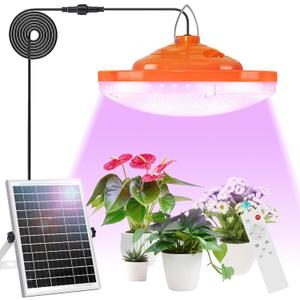 Solar Plant Grow Light Outdoor Indoor Run Day/Night, 96 LED Full Spectrum Solar Hanging Plant Light with Remote Control,16.4FT Cable/USB Charging/Timer for All Stage Plants