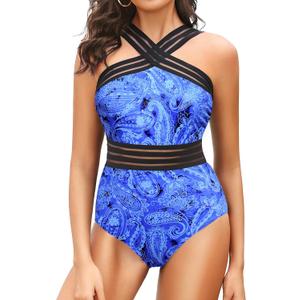 Tempt Me Women Crisscross One Piece Swimsuit | Tummy control, Front crossover, Mesh, Fully lined, Full coverage (Blue, L)
