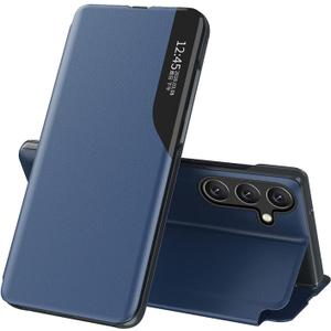 LEMAXELERS Phone Case for Galaxy A26 5G, Fashion Slim Business Smart Window Hard PC + PU Leather Kickstand Flip Shockproof Case Cover for Samsung Galaxy A26 5G, Blue QH