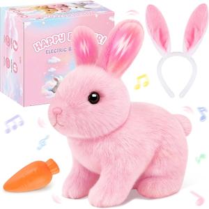 Realistic Bunny for Kids - Interactive Hopping Bunny Toy Set with Bunny Ears, Electric Lifelike Robot Rabbit that Move, Walking Barking and Wagging Tail Bunby Stuffed Animal with Sounds, Pink