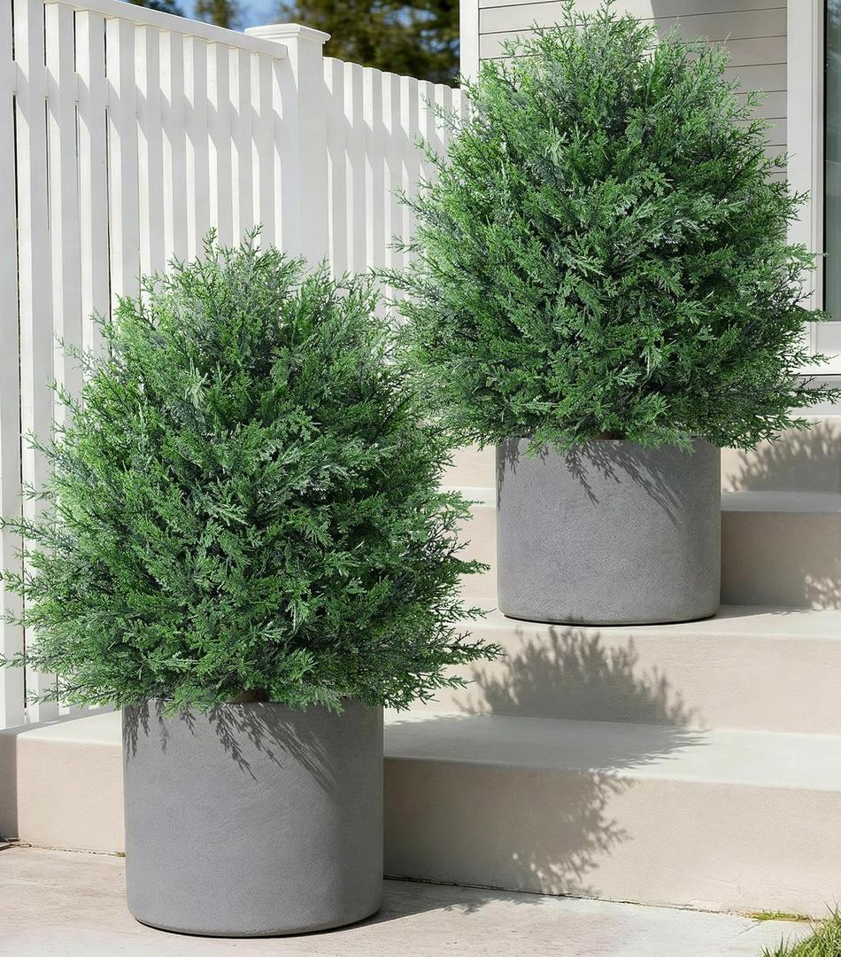 27'' Artificial Topiary Plants for Outdoor 2 Pack Artificial Topiary Trees with Stable Metal Ground Spike Fake Bushes Shrubs for Outside Garden Front Porch Landscape Walkway, Green Cedar