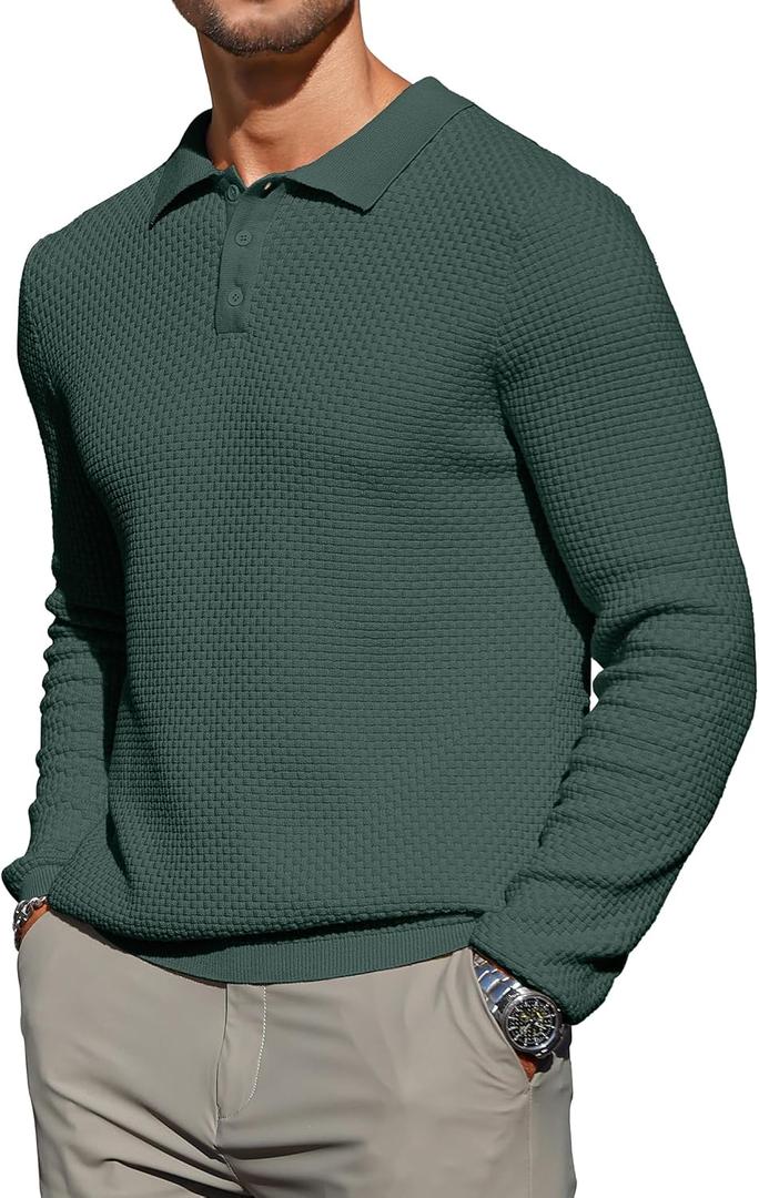 Zaitun Mens Knit Polo Sweater Long Sleeve Lightweight Collared Pullover Casual Sweaters Khaki (Green, XXL)