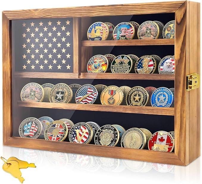 Wooden Challenge Coin Holder Display Case 16"x13", Large Coin Shadow Box with Clear Acrylic Door, Thoughtful Military Retirement Gift for Veterans, Law Enforcement & Coin Collectors