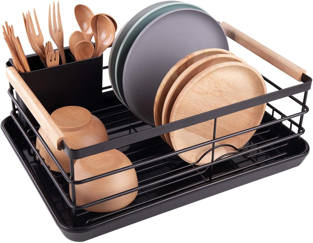 BRIAN & DANY Dish Drying Rack, Dish Racks for Kitchen Counter, Stainless Steel Dish Drainer with Removable Cutlery Holder & Drainboard, Black  